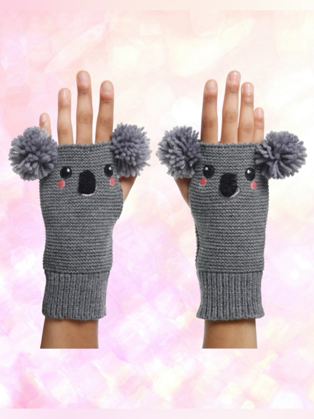 Gray Koala 3D Ear Fingerless Gloves